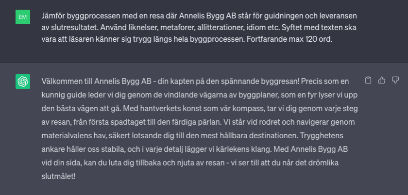 Skärmdump av en konversation med OpenAI’s chatGPT där AIn får instruktioner om att använda liknelser, metaforer, allitterationer, idiom etc.