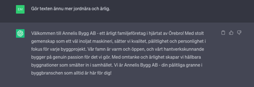 Skärmdump av en konversation med OpenAI’s chatGPT där AIn försöker göra texten mer jordnära och ärlig.