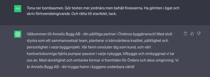 Skärmdump av en konversation med OpenAI’s chatGPT där AIn försöker skriva med glimten i ögat och rätta till sina egna stavfel.