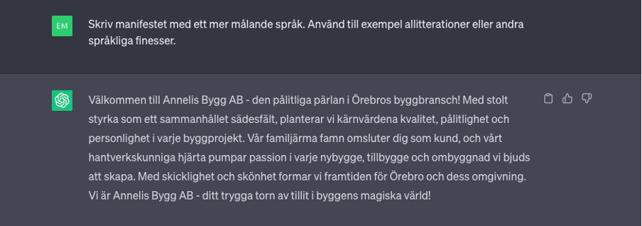 Skärmdump av en konversation med OpenAI’s chatGPT där AIn skriver med ett mer målande språk.